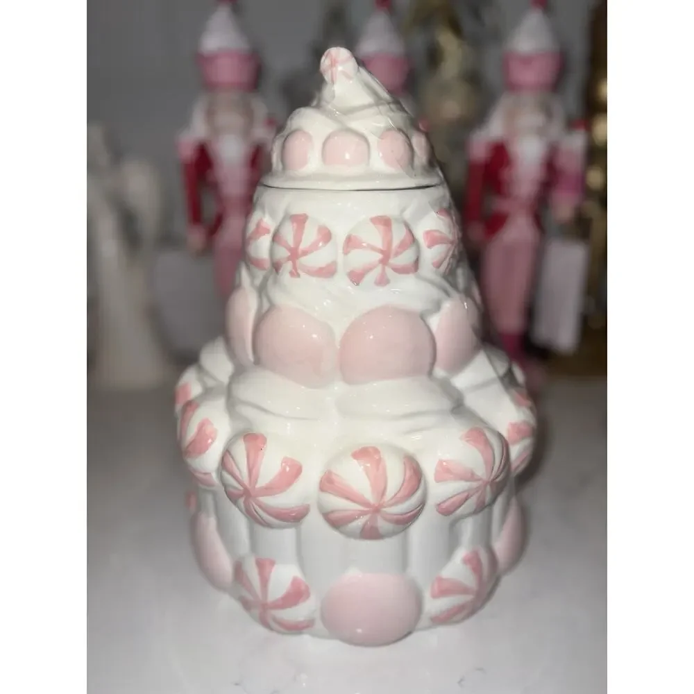 PEPPERMINT & PINE Meringue Frosting Canister Cookie Jar Pink Sugar Christmas